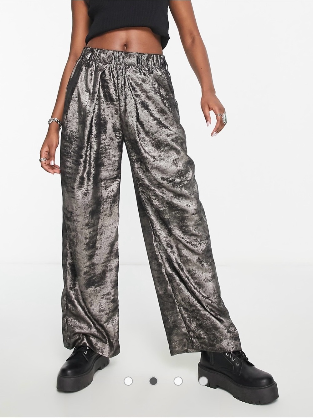 FREE PEOPLE Hi-Fi Metallic Gunmetal Silver Grey Wide-Leg Pants - Medium, GUC